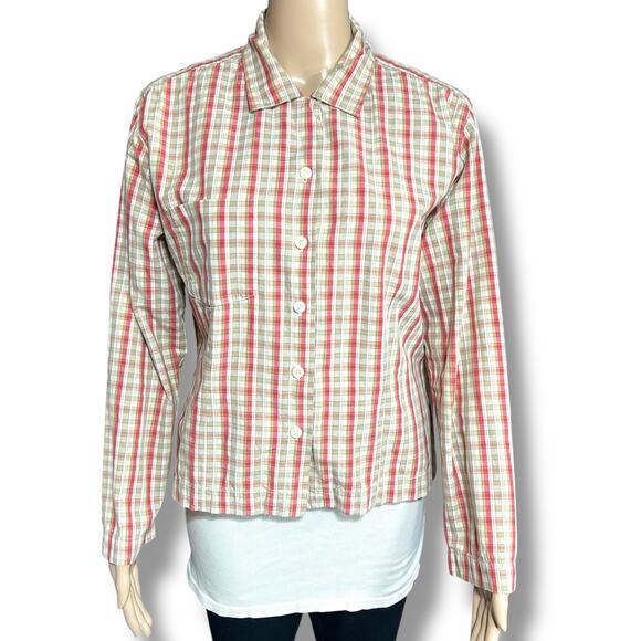 Vintage Dockers Womens Plaid Button Down Blouse Shirt Top Red Brown Medium - Picture 8 of 14